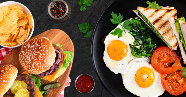 A mixture of healthy food and fast food.